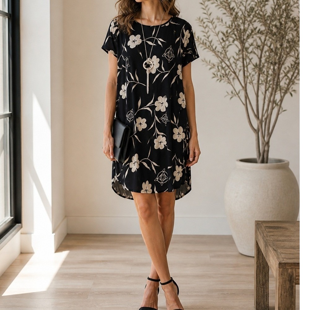 Vintage Style Black Cream Floral Shift Mini Dress Button Back Short Sleeve